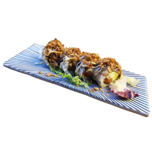 67. URAMAKI DE SALMÓN QUESO AGUACATE Y CEBOLLA CRUJIENTE (8 Piezas)